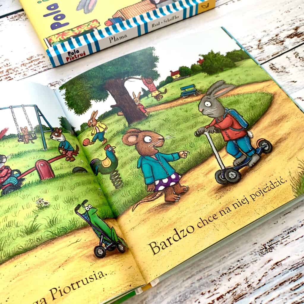 pola i piotrus plama hulajnoga recenzja ksiazki dla dzieci 2-3 lata axel scheffler wydawnictwo wilga