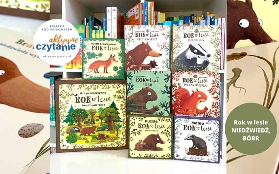 Książka „Rok w lesie” i małe „Niedźwiedź”, „Bóbr”. Puzzle i gra