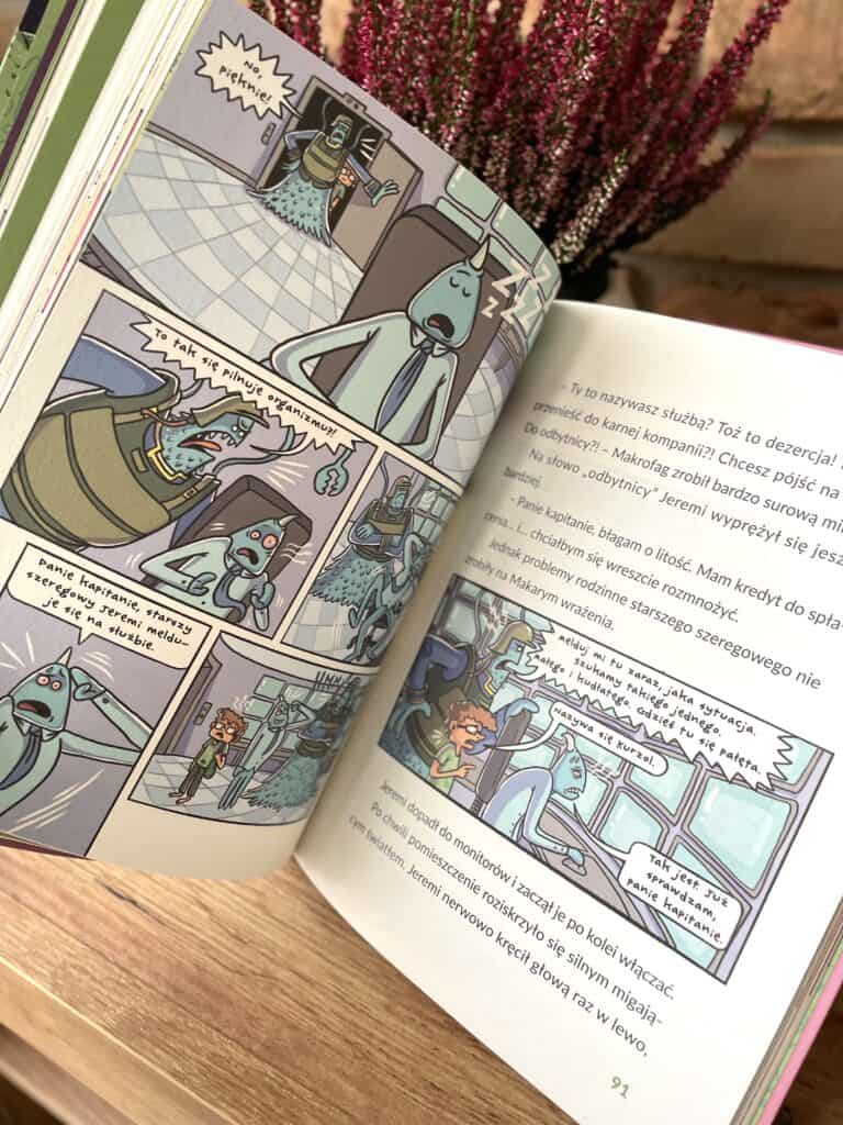 A comic book is open on a table.
