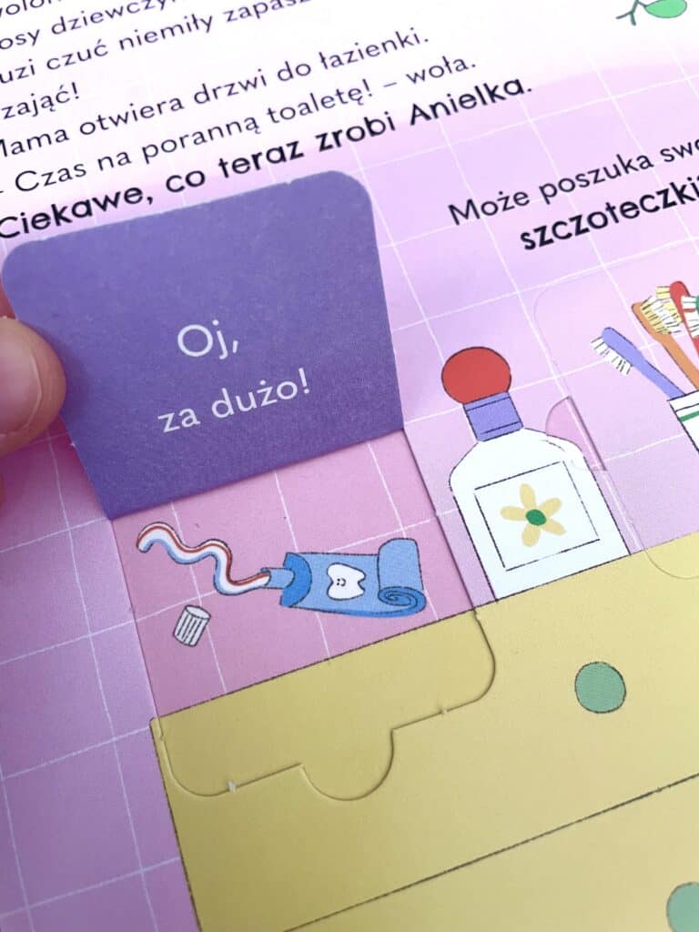co-zrobi-anielka-o-poranku-kartonowa-ksiazka-z-okienkami-dla-dzieci-2-5-lat-recenzja-swietlik aktywne czytanie1