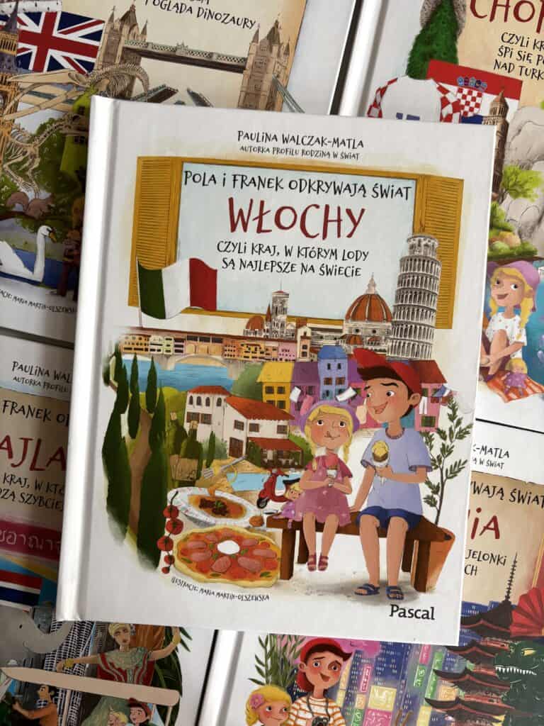 Okładka książki „Pola i Franek odkrywają świat. Włochy” z dziećmi jedzącymi lody na tle Krzywej Wieży w Pizie i Florencji Wait, I need to check the length and rules: under 120 characters, no period at the end, no quotes, not starting with forbidden w